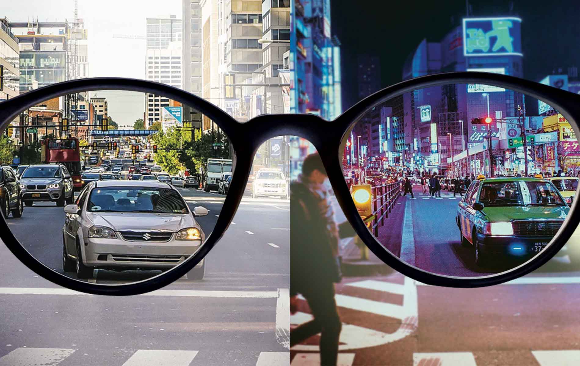 split image of a city during the day and night seen through the glasses